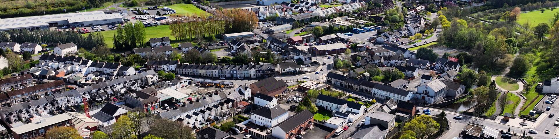 Aerial drone view of Ballyclare Town in Antrim Northern Ireland UK