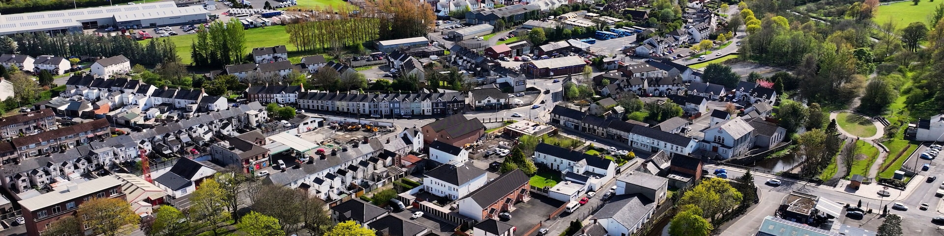 Aerial drone view of Ballyclare Town in Antrim Northern Ireland UK