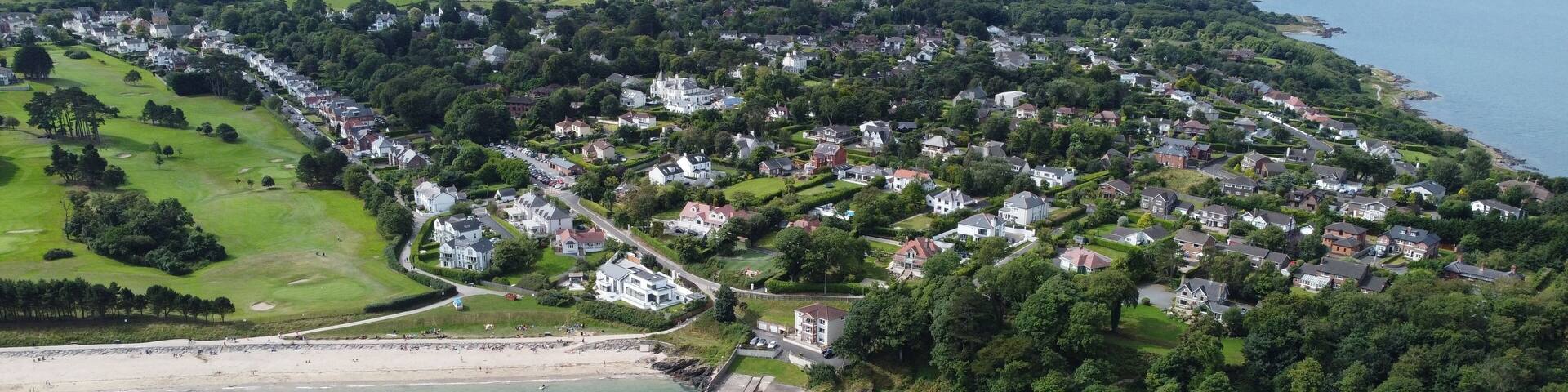 Bird's eye view of Helens Bay coastal Village in County Down, Ulster, Northern Ireland