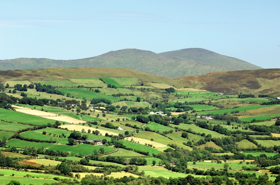 Sperrin Mountains, County Tyrone, Northern Ireland. Northeast over farmland landscape valley of the Owenkillew River to Sawel Mountain
