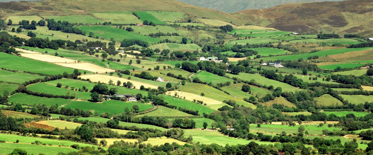 Rolling green hills, scattered houses, and distant mountains.