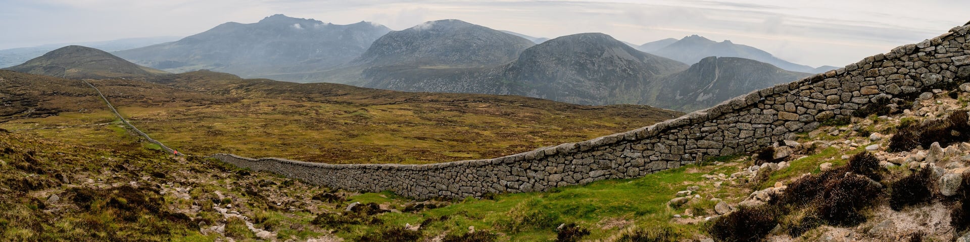 Panoramic view of typical Irish landscape, fields, sea in background. Picture taken from the top of Mourne mountains