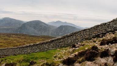 A stone wall winding through a mountainous landscape with green grass and rocky terrain.