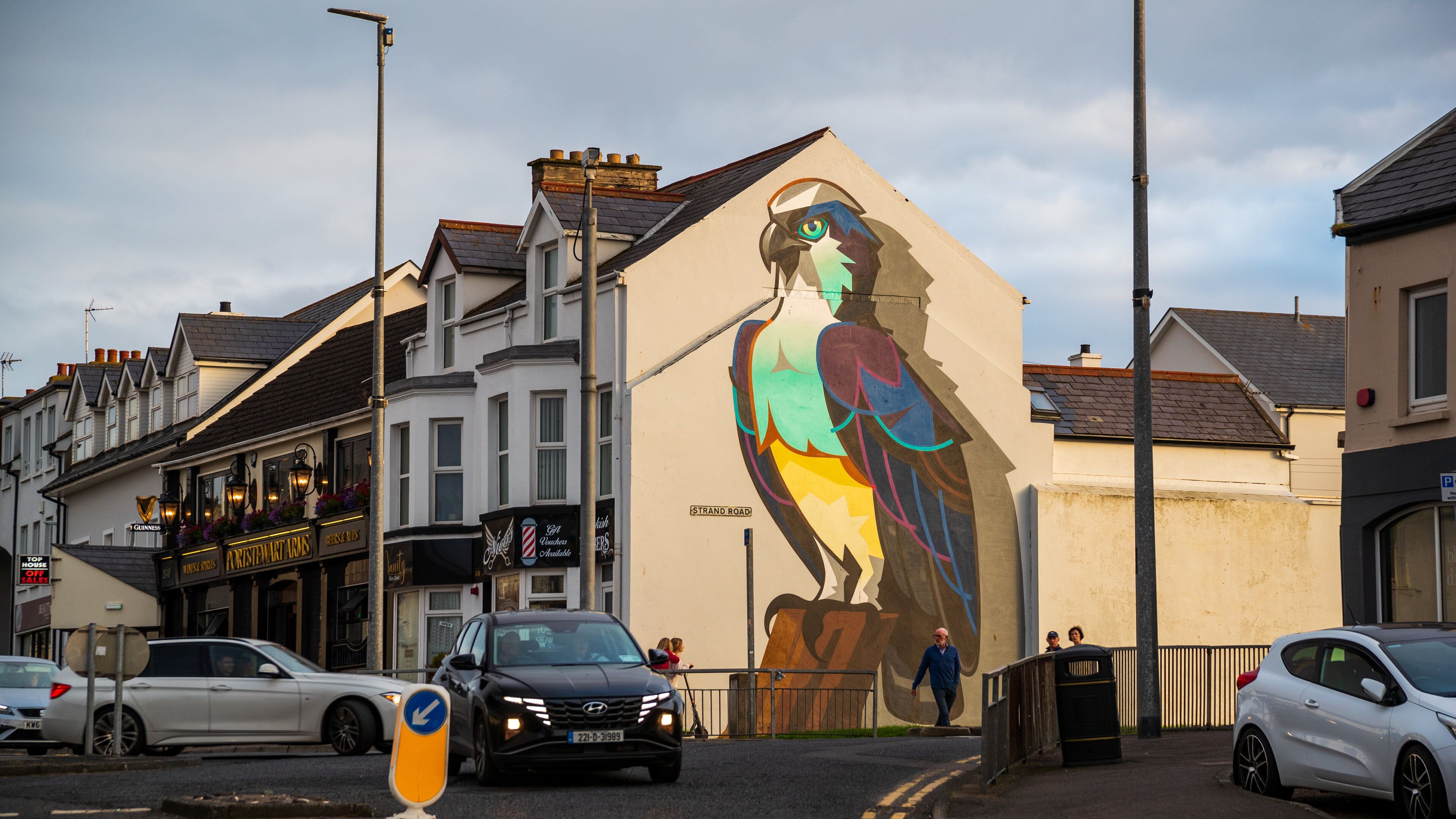 A street with a mural of a parrot on a building.