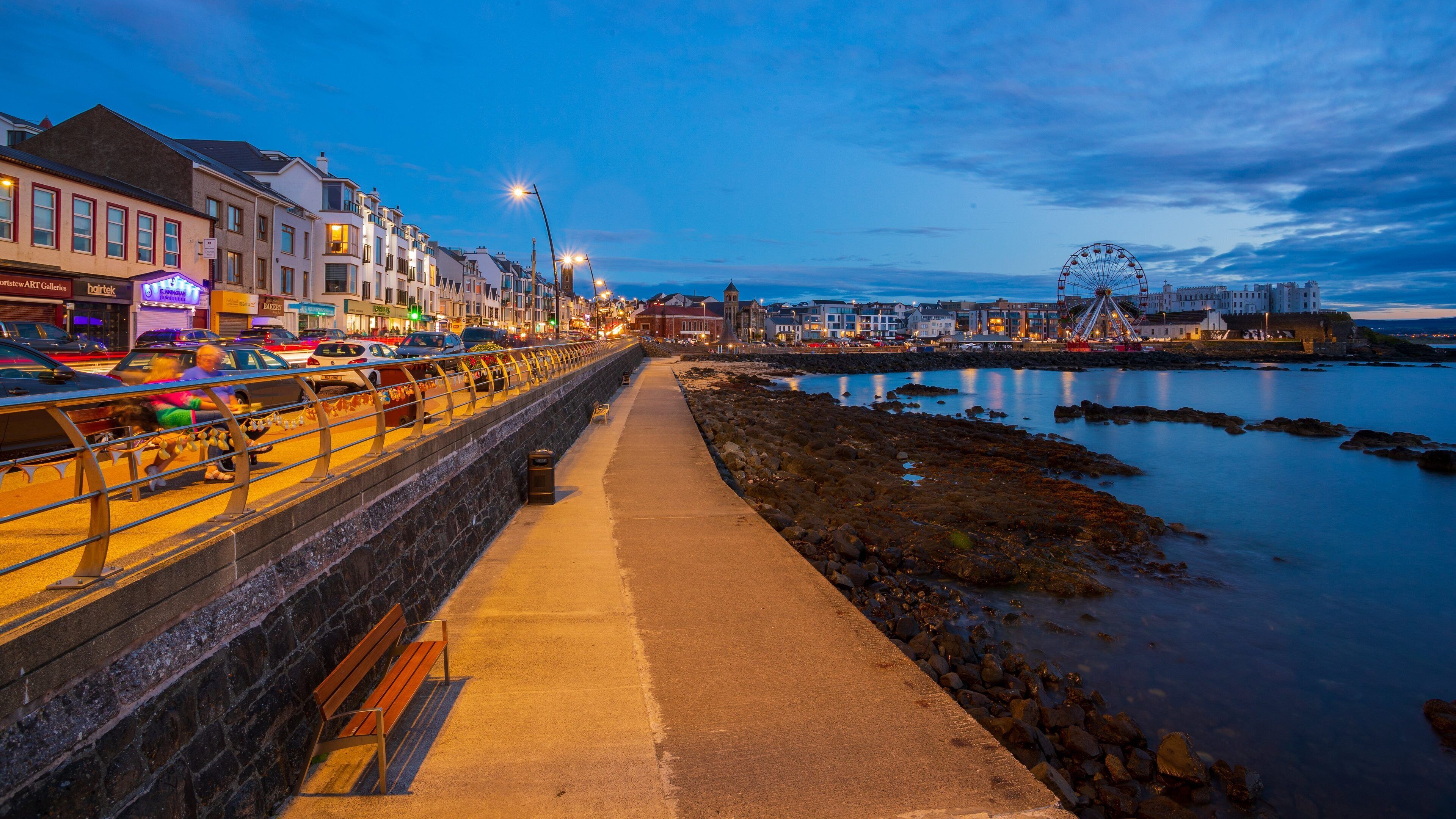 Portstewart showing a coastal town, night scenes and a bay or harbor