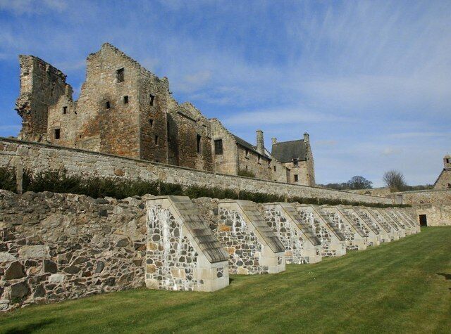 Aberdour Castle The stone buttresses, in the foreground, are a fairly recent construction addition and help support an ageing wall. Part of a tiered garden at this 12th century castle.