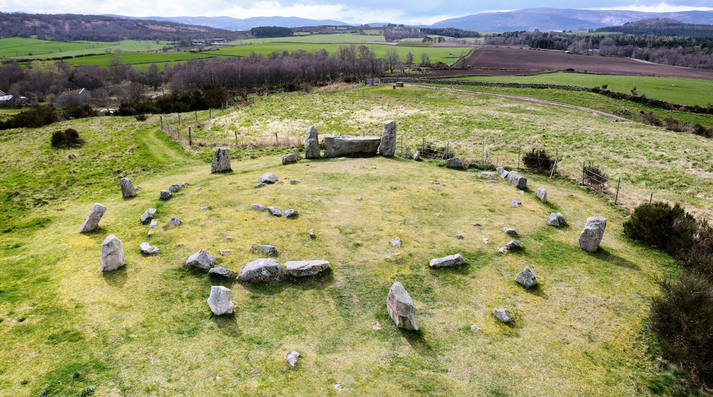 Tomnaverie prehistoric recumbent stone circle. Near Aboyne, Scotland. Complex site. Outer ring with recumbent and flankers, inner ring and settings