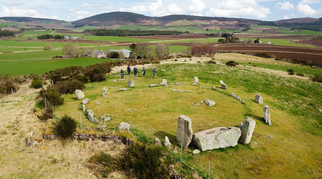 Tomnaverie prehistoric recumbent stone circle. Near Aboyne, Scotland. Complex site. Outer ring with recumbent and flankers, inner ring and settings