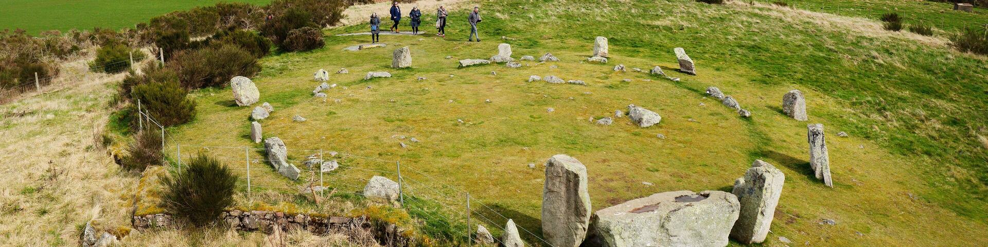 Tomnaverie prehistoric recumbent stone circle. Near Aboyne, Scotland. Complex site. Outer ring with recumbent and flankers, inner ring and settings