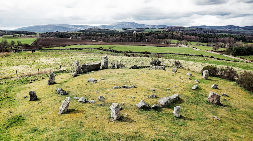 Tomnaverie prehistoric recumbent stone circle. Near Aboyne, Scotland. Complex site. Outer ring with recumbent and flankers, inner ring and settings