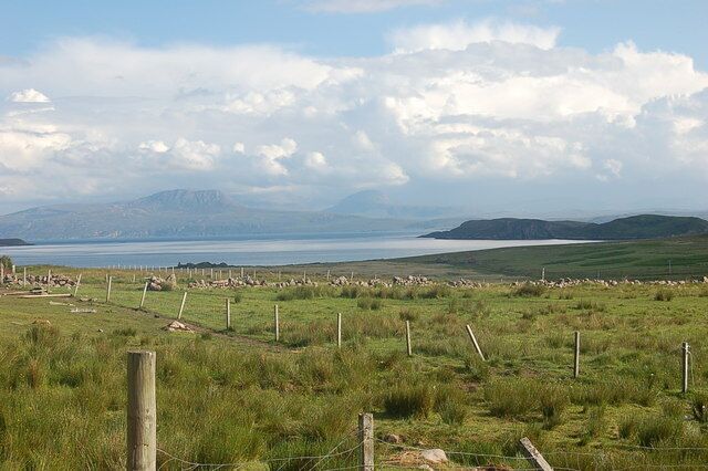 A grassy field with a body of water and distant mountains.