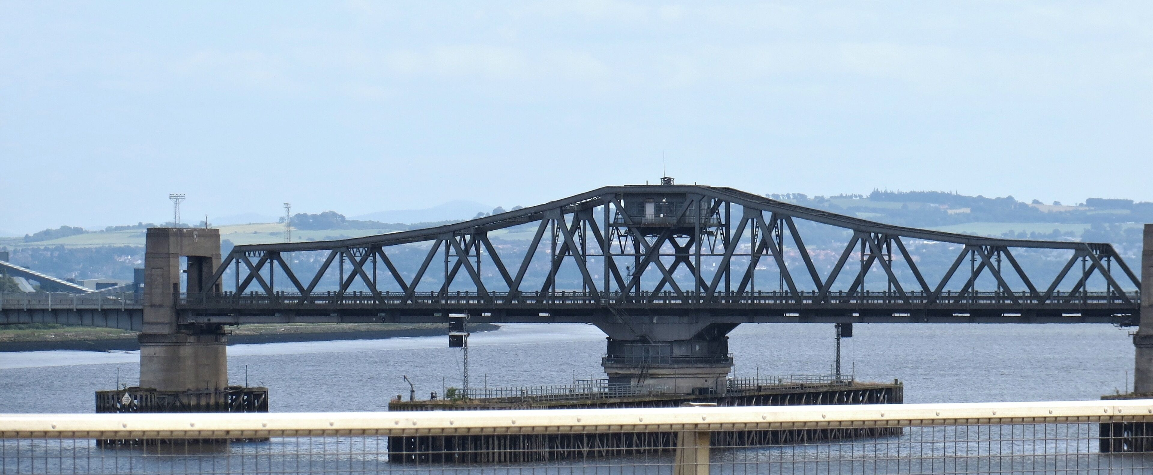 The swing span of Kincardine Bridge, viewed from the Clackmannanshire Bridge, UK. The swing mechanism is no longer in use.