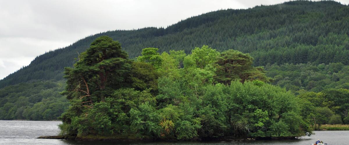 Inveruglas Isle, on the northern reaches of Loch Lomond in Scotland.