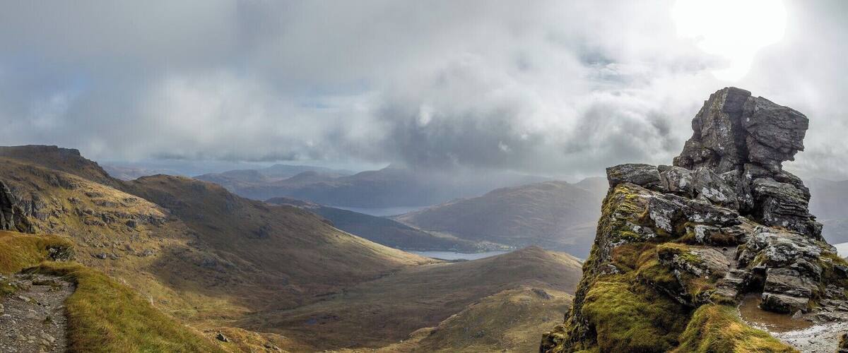 Panoramic view from the top of Ben Arthur, a.k.a. The Cobbler, during my last adventure in Scotland.
This is a fairly easy walk (11 miles, 4-6 hours) in the southern Highlands near Loch Lomond.
A good warm-up before a failed attempt at Ben Nevis the following day. Pictures to come later.
