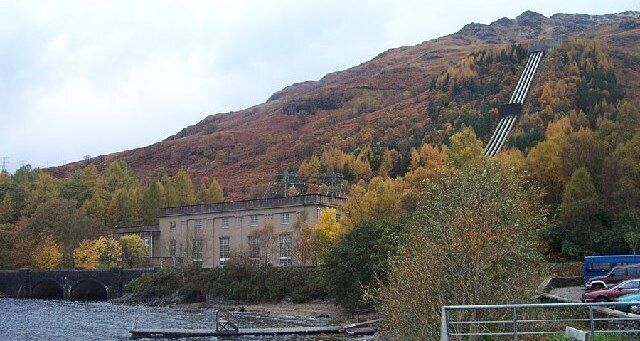 HEP station Inveruglas Loch Lomond. Renewable energy source and nice autumnal colours on shores of Loch Lomond