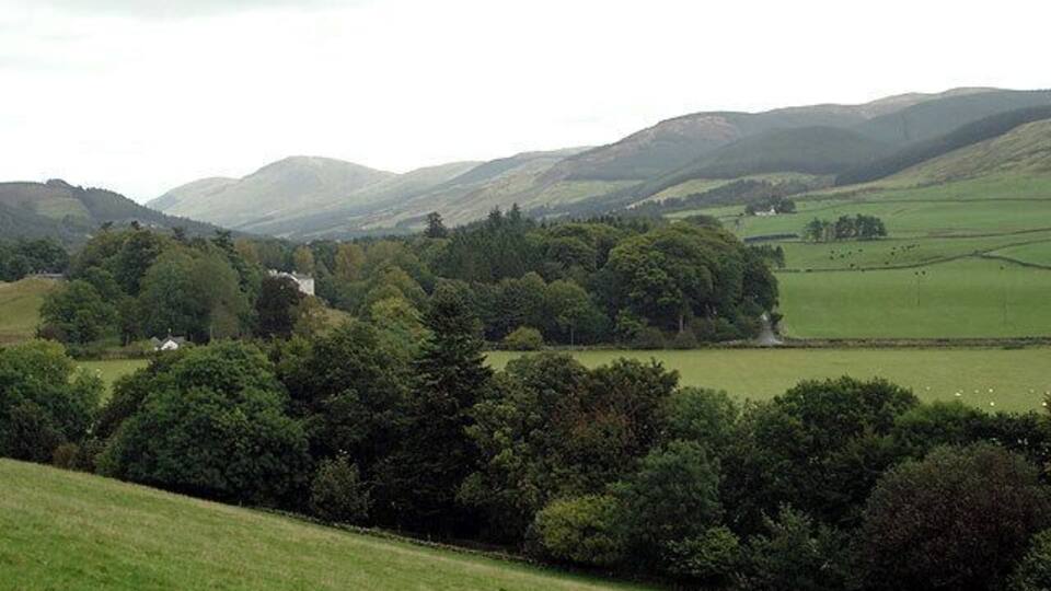 Rolling hills, a small house, and dense trees in a rural landscape.
