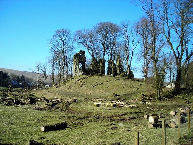A grassy hill with a ruined stone structure, leafless trees, and a clear blue sky.