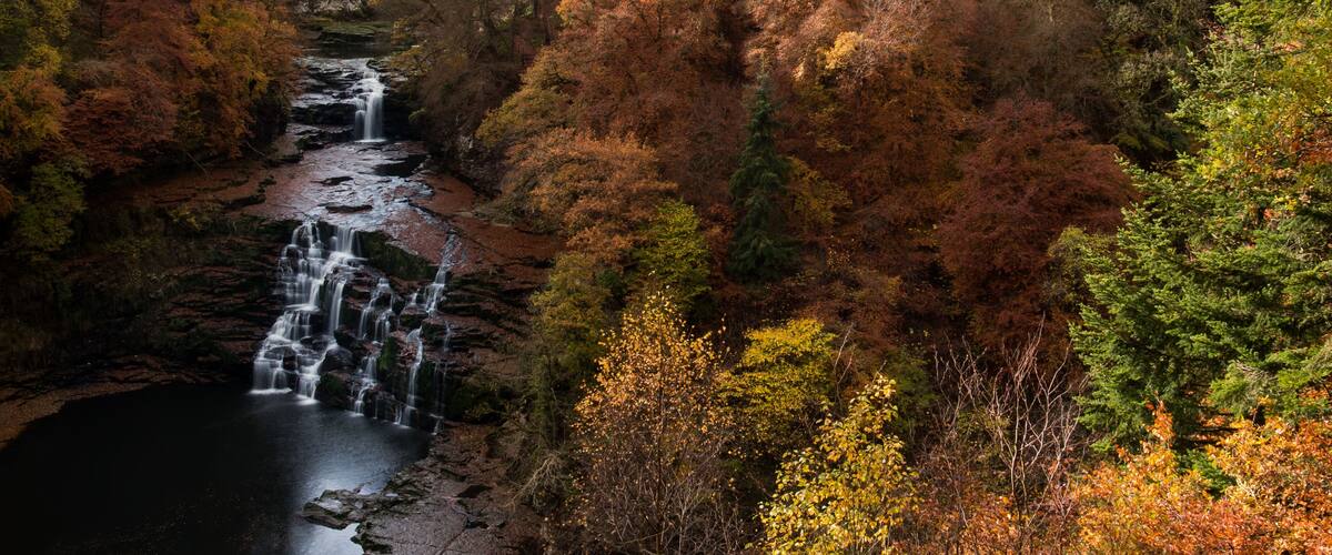 A waterfall cascading through a forest with autumn foliage.