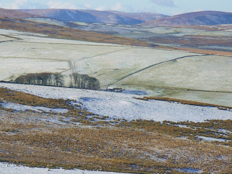 Bronze age scooped settlement The circular feature outlined in the snow probably represents an undefended settlement of possible Bronze Age date and is a rare example for Upper Clydesdale. Cairn Kinney in the background.