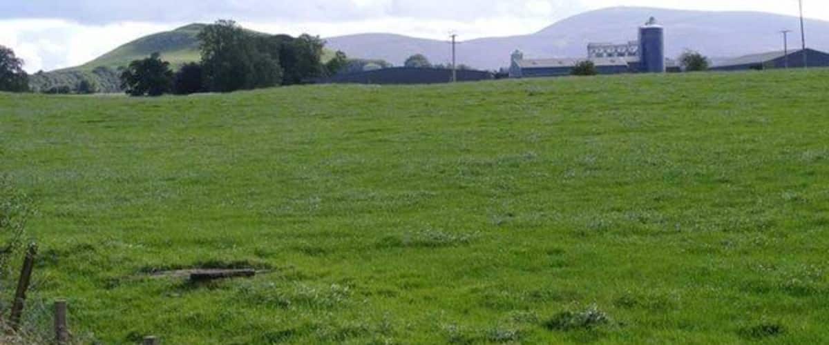 A green field with a fence, a hill, and a distant building.