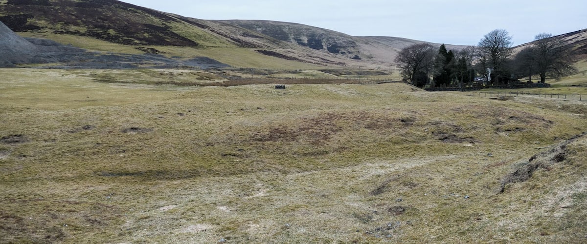 A hilly landscape with sparse vegetation and a few trees.