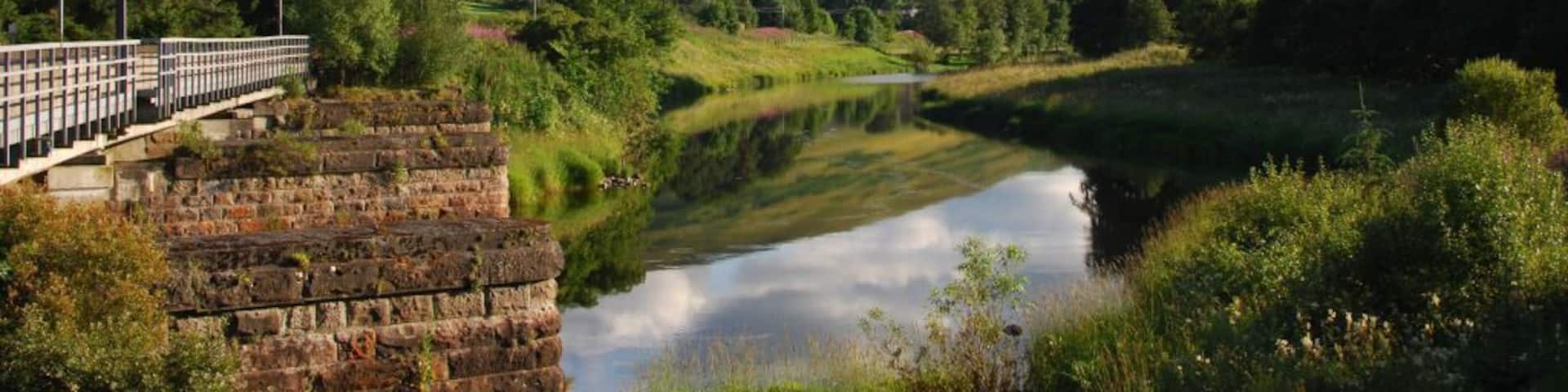 The viaduct on the West Coast Main Line across the River Clyde in July 2014. This viaduct was seriously damaged by flooding in 2016, and was rebuilt.