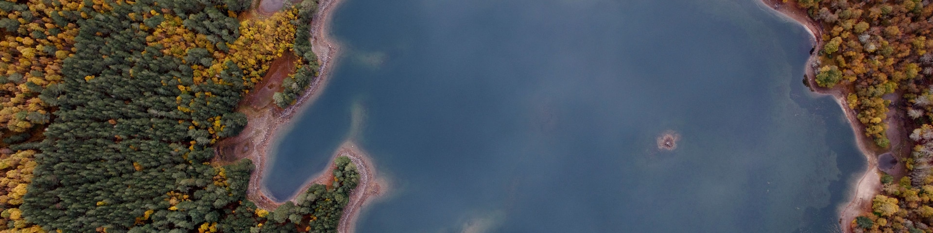Vista aérea de um lago grande, rodeado por uma floresta densa com folhagem avermelhada do outono.