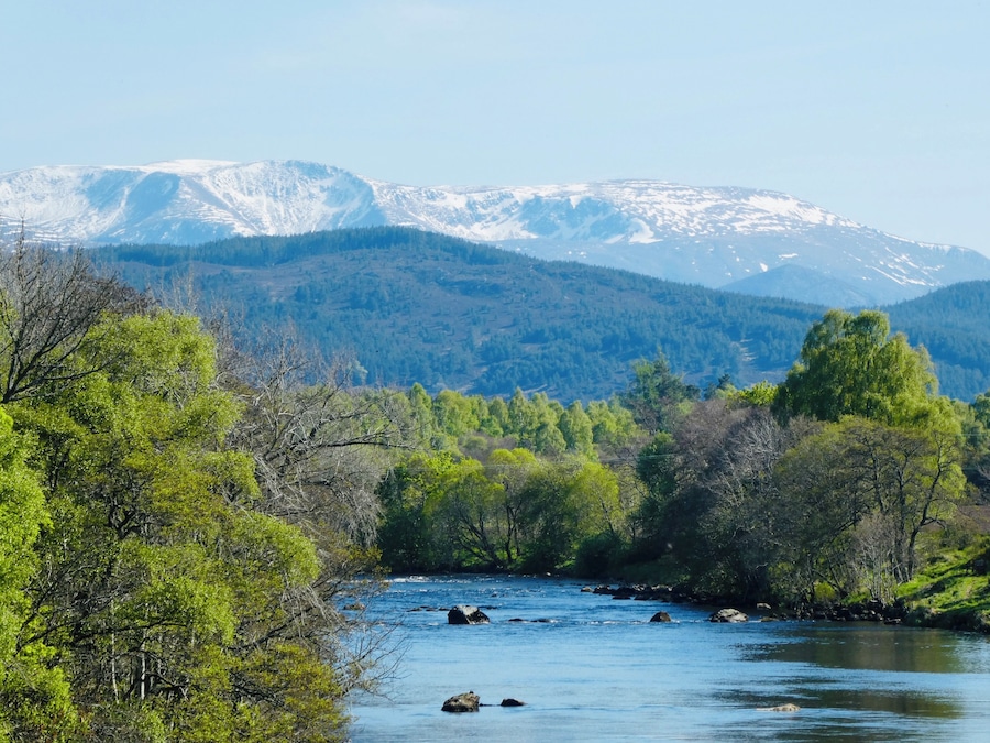 22 degrees Celsius today in the Scottish Highlands and still plenty of snow on the peaks of the Cairngorms overlooking the River Spey at Boat of Garten😊🏴
