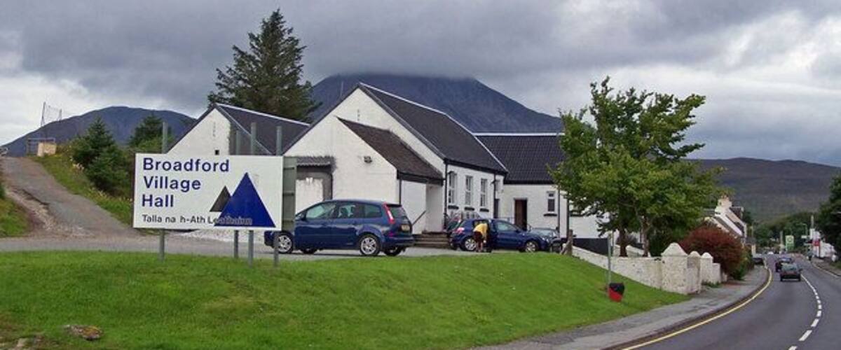 Broadford Village Hall The hall was built in 1933 and extended in 1986. In the background is the mist shrouded Beinn na Caillich.