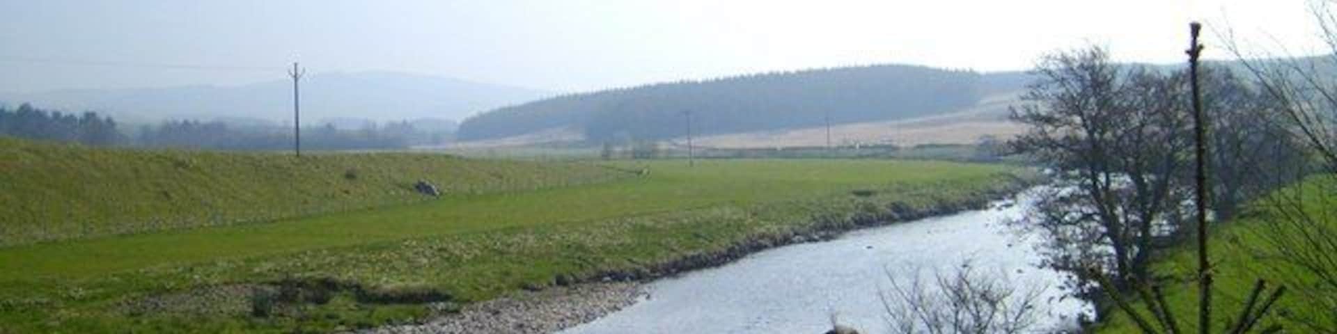 Water of Deugh at Carsphairn Water of Deugh from the bridge at Carsphairn with the wooded Cumnock Knowes in the distance