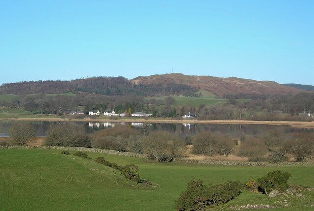 A lake surrounded by hills, a few buildings, and sparse trees.