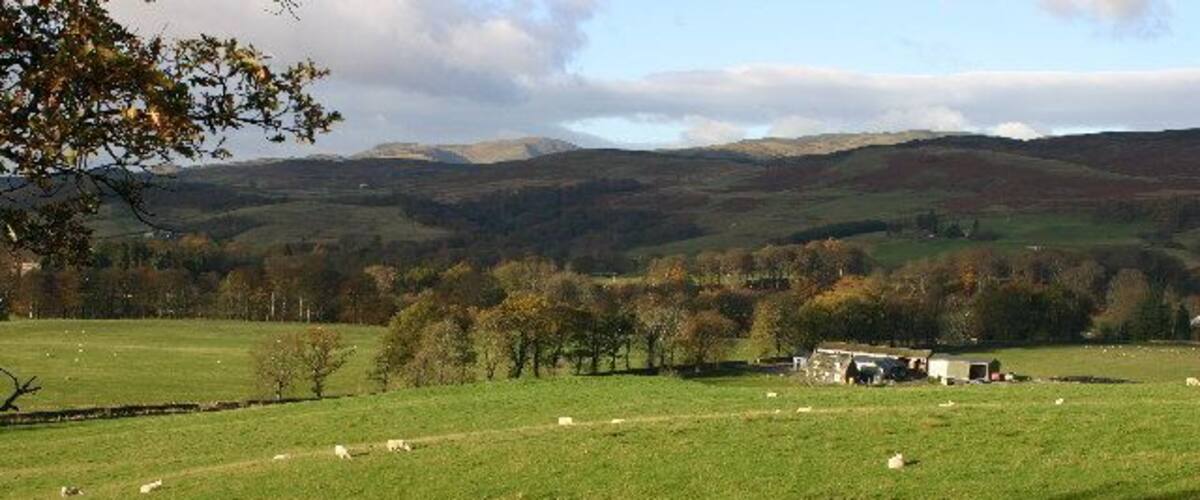 A green field with sheep, a farmhouse, and rolling hills in the background.
