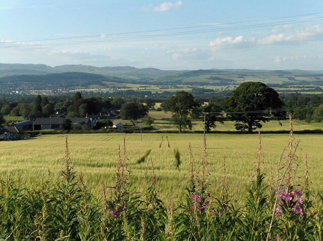 Farmland east of Muthill. Looking down from near Muir of Spot Wood. Lintibert is below, just beyond the A822 which is marked by the line of trees.