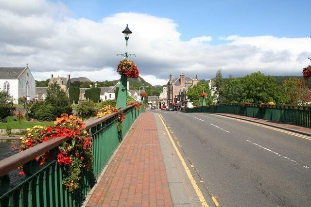 Dalginross Bridge in Summer Looking towards Comrie Bridge Street over the river.