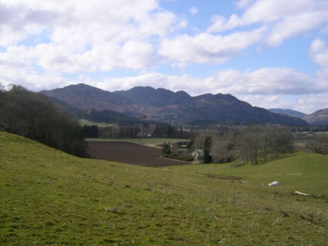 A grassy field with a mountain range in the background.