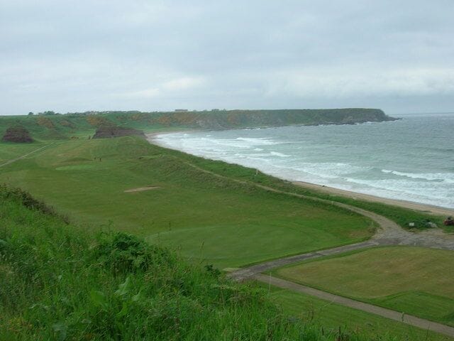 Paisagem costeira com campos gramados, um caminho sinuoso e falésias com vista para o oceano.