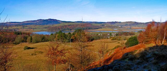 From Hog House Hill Panorama with Tornat Wood in centre ground and Screel and Bengairn Hills in the left distance. North Glen and Palnackie right of centre