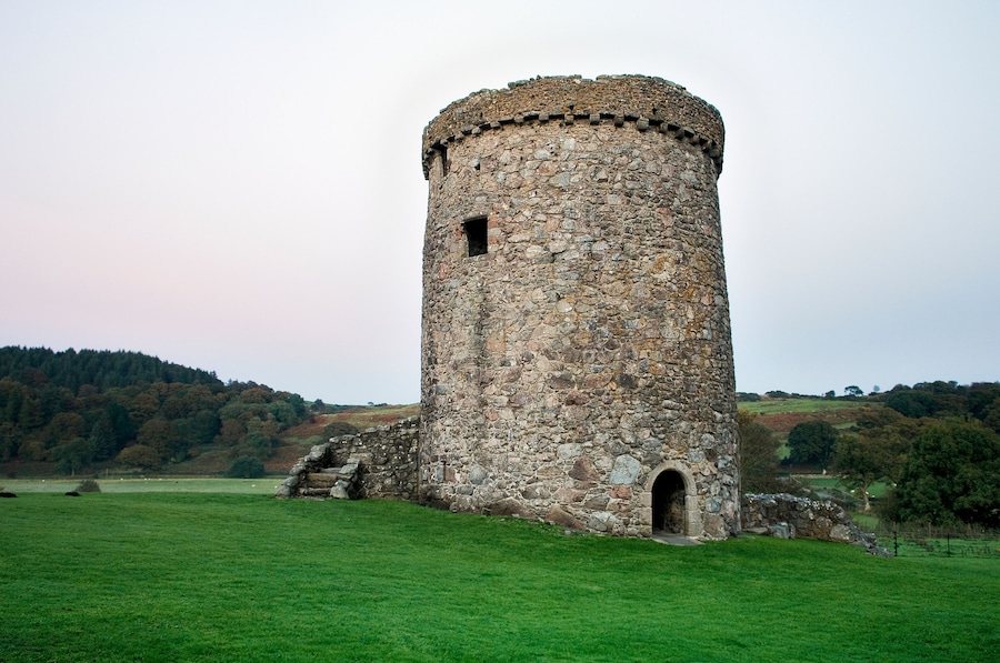Orchardton Tower, an ancient fortified round tower house near Dalbeattie in the Dumfries and Galloway region of SW Scotland