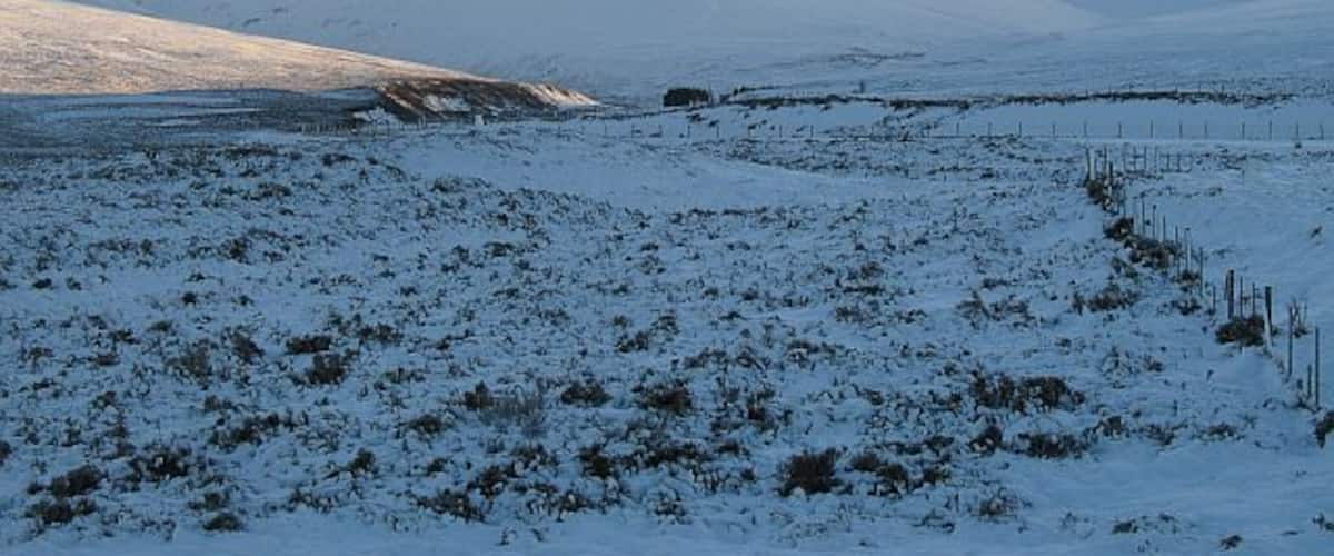 Schneelandschaft mit Berg im Hintergrund und Zäunung im Vordergrund.