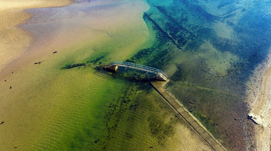 Aerial view of Bridge to Nowhere in Belhaven Bay, Dunbar, Scotland.