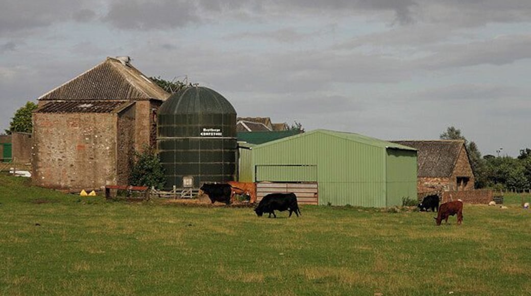 Farm buildings at Greenlaw Viewed from a footbridge over the Blackadder Water. The farm on the south side of the village is unnamed on the Explorer Map.