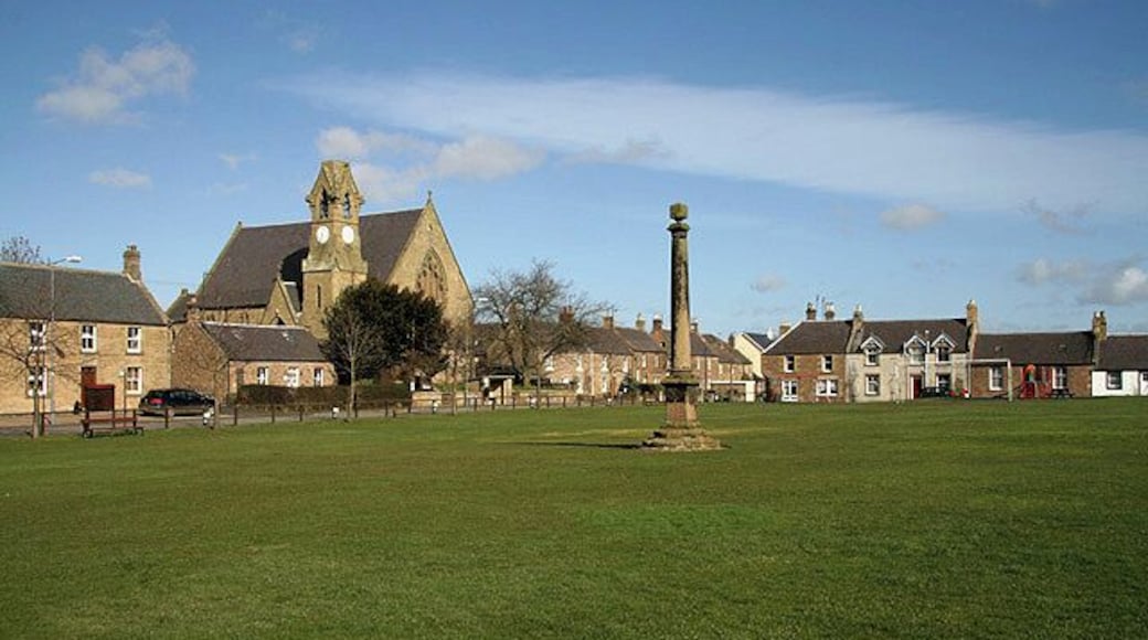 The Green at Swinton The village was planned around this rectangular green where the village cross (1769) stands. The prominent building on the left is the former Free Church (1860) now used as the village hall, but closed to the public at present. The name Swinton probably comes from 'Swine Town' from the days when there were lots of wild boars (pigs or swine) in the area. (Source: Swinton Kirk information leaflet).