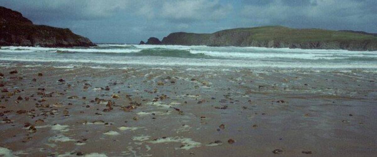 A beach with scattered seaweed, waves crashing onto the shore, and distant rocky hills under a cloudy sky.