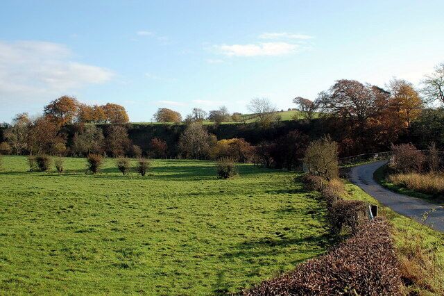 A rural landscape with a winding road, green fields, and trees with autumn foliage.