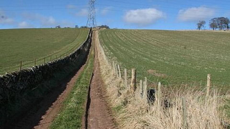 A rural dirt path flanked by stone walls and grassy fields under a clear blue sky.