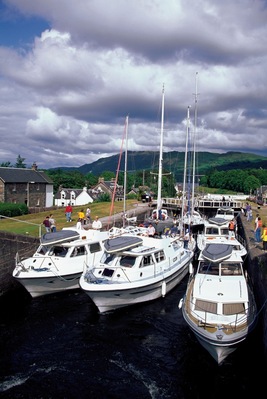 High angle view of boats in a harbor, Loch Ness, Fort Augustus, Scotland