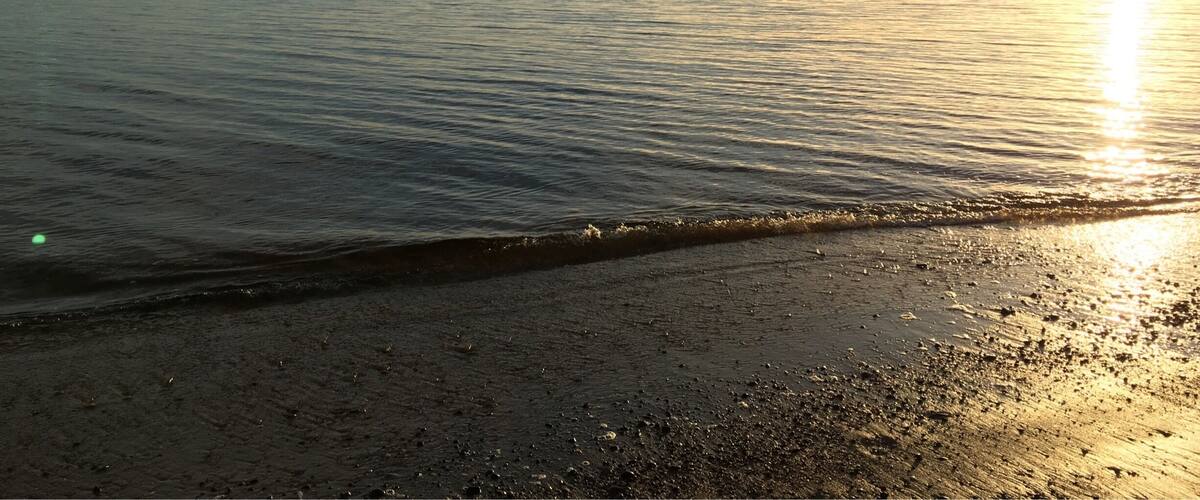 A beach with gentle waves, a clear sky, and the sun setting on the horizon.