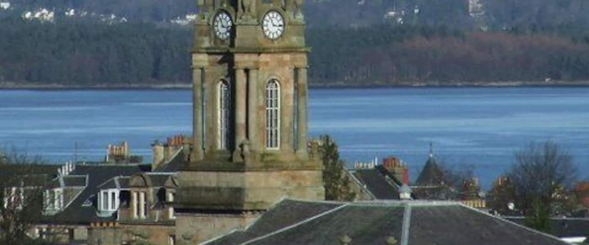 Church tower on Nelson Street Viewed from the steps between Dempster Street and Wellington Street.