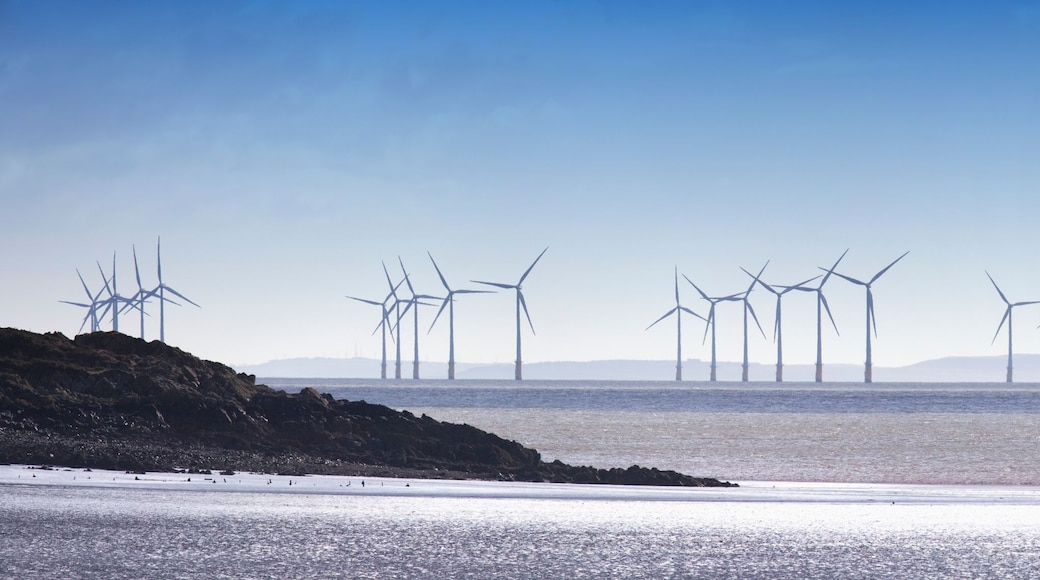 A coastal landscape with multiple wind turbines in the distance.