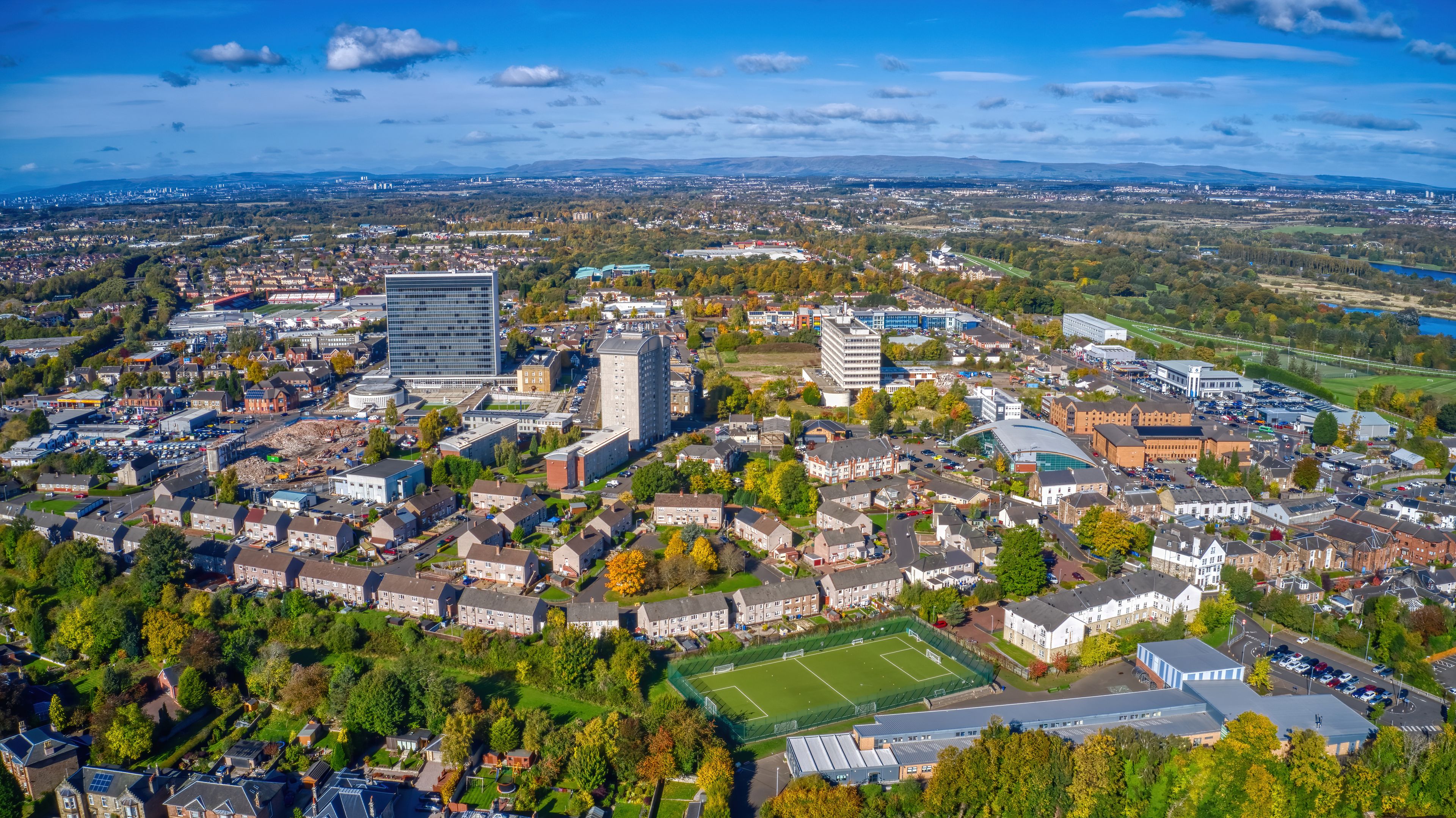 Aerial View of the Glasgow suburb of Hamilton, Scotland during Autumn